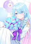  1girl balloon blue_archive blue_eyes blue_flower blue_hair blue_halo blush bouquet flower general_student_council_president_(blue_archive) grin halo holding holding_bouquet jacket long_hair long_sleeves looking_at_viewer pleated_skirt shan_(ti0n) skirt smile solo white_jacket white_skirt 