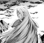  1boy armor black_coat closed_mouth cloud cloudy_sky coat facing_away final_fantasy final_fantasy_vii grey_hair greyscale highres long_hair long_sleeves looking_to_the_side makix5s male_focus monochrome mountain outdoors parted_bangs screentones sephiroth shoulder_armor sky solo upper_body very_long_hair 