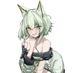  1girl absurdres animal_collar animal_ear_fluff animal_ears arknights bare_shoulders black_choker breasts cat_ears cat_girl choker cleavage collar dress green_dress green_eyes green_hair green_jacket hand_on_own_chest highres jacket kal&#039;tsit_(arknights) long_sleeves looking_at_viewer off-shoulder_dress off_shoulder open_mouth oripathy_lesion_(arknights) short_hair simple_background solo thighs tobildesu white_background 
