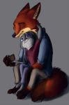  2016 brown_body brown_fur canid canine clothed clothing color_edit colored dipstick_ears disney edit eyes_closed fox fully_clothed fur grey_background iji judy_hopps lagomorph leporid light lighting mammal multicolored_ears nick_wilde on_lap purple_eyes rabbit red_fox simple_background sitting_on_lap smile stormspike zootopia 