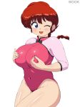  absurdres blue_eyes blush braid braided_ponytail breasts covered_navel covered_nipples donguri2 grabbing_own_breast highres large_breasts leotard one_eye_closed open_mouth pink_leotard ranma-chan ranma_1/2 red_hair simple_background single_braid white_background 