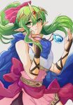  1girl absurdres artist_name belt blue_scarf bow commentary crystal fire_emblem fire_emblem:_mystery_of_the_emblem green_eyes green_hair hair_bow highres jewelry long_hair necklace parted_lips pink_bow pointy_ears scarf sierra117renner simple_background solo teeth tiara tiki_(fire_emblem) tiki_(young)_(fire_emblem) twitter_username watermark white_background 