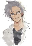  1boy absurdres black_eyes black_shirt chinese_commentary commentary_request glasses grey_hair highres kanhuijizaifei kanou_aogu lab_coat male_focus open_clothes portrait saibou_shinkyoku shirt short_hair simple_background sketch solo v-neck white_background 