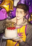  1boy absurdres balloon birthday_cake blush brown_eyes brown_hair cake casual food fruit grin hand_on_own_neck happy_birthday highres holding holding_cake holding_food jigpanjang looking_at_viewer male_focus miyagi_ryouta slam_dunk_(series) smile solo strawberry sweatdrop upper_body 