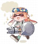  1girl :d artist_name brown_footwear closed_eyes cloud commentary_request green_socks grid_background gun head_wreath highres holding holding_gun holding_weapon inkling inkling_girl long_hair nautilus_(splatoon) open_mouth orange_hair pointy_ears shina_shina simple_background smile socks solo sparkle splatoon_(series) splatoon_3 tentacle_hair twitter_username walking weapon white_background 