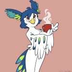 4_fingers anthro avian beak beverage bird blue_hair coffee container cup feathers female fingers fur hair hi_res inner_ear_fluff mug perico red_eyes simple_background smile solo tuft unknown_artist white_body white_fur