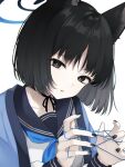  1girl absurdres animal_ear_fluff animal_ears black_eyes black_hair black_nails blue_archive blue_halo blue_neckerchief blue_sailor_collar cat&#039;s_cradle cat_ears commentary_request fingernails halo hands_up haori head_tilt highres japanese_clothes kikyou_(blue_archive) looking_at_viewer nail_polish neckerchief open_mouth sailor_collar sasakichi_(ssk_chi) shirt short_hair simple_background solo white_background white_shirt 