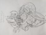 3_heads absurd_res anthro armor bakugan bakugan_(series) blush blush_lines delphixander dialogue female genitals hi_res hydra inverted_nipples multi_head nipples nude pussy solo tail traditional_media_(artwork) viloch_(bakugan)