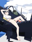  1girl aircraft airplane arm_up artist_name atamonica bare_legs black_hair black_panties blue_eyes blunt_bangs canopy_(aircraft) closed_mouth cloud expressionless f4u_corsair hair_ornament hairclip hand_on_forehead hand_on_own_forehead highleg highleg_panties looking_at_viewer lying military_vehicle on_pillow on_vehicle original panties personification shirt short_hair solo underwear united_states_navy vehicle_and_personification white_shirt 
