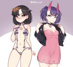  2girls absurdres artist_name bangs black_choker black_hair black_jacket blue_eyes blush breasts choker cleavage cosplay costume_switch cowboy_shot dress earrings eyebrows_visible_through_hair eyeshadow fate/grand_order fate_(series) hair_ornament hair_ribbon hand_on_own_chest highres jacket jewelry long_sleeves looking_at_another makeup mary_(pokemon) mary_(pokemon)_(cosplay) medium_breasts multiple_girls navel nose_blush oni_horns open_clothes open_jacket pink_dress pink_eyeshadow pokemon pokemon_(game) pokemon_swsh purple_eyes purple_hair revealing_clothes ribbon shellvi short_dress short_hair shuten_douji_(fate/grand_order) shuten_douji_(fate/grand_order)_(cosplay) small_breasts smile standing stomach strapless strapless_dress stud_earrings twintails 