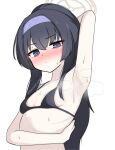  1girl armpits bikini black_bikini black_hair blue_archive blush breasts closed_mouth hair_between_eyes halo highres long_hair looking_at_viewer official_alternate_costume purple_eyes ringda simple_background small_breasts solo swimsuit ui_(blue_archive) ui_(swimsuit)_(blue_archive) upper_body white_background 