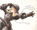  1girl armor blonde_hair blue_eyes brown_gloves chainmail cowboy_shot dutch_angle english_commentary english_text gloves gothic-chan_(ironlily) helmet ironlily looking_at_viewer original plate_armor sheath sheathed sidelocks simple_background smile solo sword visor_lift weapon white_background 
