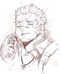  blush chocolate cross cross_necklace flower happy highres jacob_(housamo) jewelry kiekoio looking_at_viewer mouthful necklace one_eye_closed sketch smile snow_goggles tokyo_afterschool_summoners white_background 