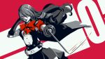  1girl belt black_cape black_gloves bow buttons cape commentary eightyfourart gloves highres holding holding_sword holding_weapon kirijou_mitsuru long_hair persona persona_3 persona_3_reload rapier red_bow red_eyes solo sword weapon 