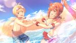  1boy 1girl :d :o ahoge beach bikini bikini_skirt blonde_hair blue_eyes blue_sky blue_swim_trunks breasts cat_with_a_brush cleavage cloud cloudy_sky commission core_crystal_(xenoblade) flower glimmer_(xenoblade) hair_flower hair_ornament headband hetero holding_hands innertube jewelry large_breasts long_hair mismatched_bikini navel necklace nikol_(xenoblade) open_mouth outdoors ponytail red_bikini red_eyes red_flower red_hair sand short_hair sky smile stomach summer swept_bangs swim_ring swimsuit topless_male very_long_hair wading water white_bikini xenoblade_chronicles_(series) xenoblade_chronicles_3 xenoblade_chronicles_3:_future_redeemed yellow_eyes 