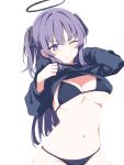  1girl bikini bikini_under_clothes blue_archive blue_bikini blue_sweater blush breasts cleavage closed_mouth clothes_lift commentary_request highres kusana_(kusana47454281) large_breasts lifted_by_self long_hair long_sleeves navel one_eye_closed purple_eyes purple_hair simple_background solo stomach sweatdrop sweater sweater_lift swimsuit two_side_up underboob white_background yuuka_(blue_archive) 