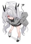  1girl black_bow black_bowtie black_tail blue_archive bow bowtie cardigan demon_tail grey_cardigan grey_hair grey_halo hair_intakes hair_over_one_eye halo hands_on_own_hips highres iori_(blue_archive) leaning_forward loafers looking_at_viewer loose_socks pigeon-toed school_uniform sentouryoku_5 shoes sleeves_past_wrists socks tail twintails white_background 