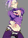  1boy absurdres freckles hand_on_own_stomach highres jojo_no_kimyou_na_bouken kinako_(marubotan) long_hair male_focus midriff outstretched_arm pants purple_hair purple_pants purple_shirt shirt solo sweater vinegar_doppio yellow_eyes 