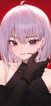  1girl absurdres bare_shoulders black_dress black_gloves blood blood_on_face dress gloves gnns grey_hair halterneck highres ine_(vtuber) looking_at_viewer medium_hair parted_lips purple_eyes red_background slit_pupils solo upper_body waktaverse 