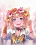  1girl animal_ears blonde_hair blush cat_ears collarbone eyebrows_visible_through_hair fangs final_fantasy final_fantasy_xiv grey_eyes head_wreath highres jewelry khloe_aliapoh looking_at_viewer miqo&#039;te necklace open_mouth potion_lilac short_hair short_sleeves signature smile solo teeth 