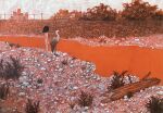  1girl bird brown_hair building city completely_nude facing_away fallen_tree full_body grass heron highres long_hair nude orange_background orange_theme original painting_(medium) pebble power_lines solo standing stream traditional_media tsurikawa373 utility_pole 