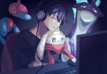  1boy at_computer bandana black_eyes black_hair black_shirt commentary computer crossover dark_background gradient_background hair_between_eyes headphones highres kagerou_project keyboard_(computer) kisaragi_shintarou looking_at_screen looking_at_viewer male_focus mokemoke_chan monitor mouse_(computer) parted_lips pokemon pokemon_(creature) porygon-z raboot red_bandana red_eyes shirt short_hair short_sleeves smile symbol-only_commentary t-shirt toxtricity toxtricity_(low_key) upper_body 