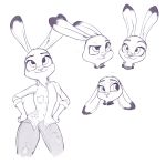  2016 anthro bottomwear clothed clothing dipstick_ears disney fully_clothed fur impracticalart judy_hopps lagomorph leporid mammal monochrome multicolored_ears multiple_poses pants pose rabbit shirt simple_background smile solo topwear white_background zootopia 