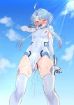  1girl arm_up bare_shoulders blue_hair blush boots breasts censored clenched_hands clothed_masturbation covered_navel day dildo elbow_gloves embarrassed exhibitionism female_orgasm from_below gloves hair_between_eyes hand_to_own_mouth highres legs_apart leotard masturbation mo3hig3 neptune_(series) object_insertion open_mouth orgasm outdoors power_symbol red_eyes short_hair_with_long_locks skin_tight skindentation small_breasts solo standing sunlight symbol-shaped_pupils tears thigh_boots thighhighs thighs vaginal vaginal_object_insertion wavy_mouth white_gloves white_heart white_legwear white_leotard 