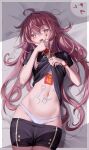  1girl absurdres akanbe black_nails blush bodypaint boo_tao_(genshin_impact) brown_hair clothes_lift eyelid_pull genshin_impact highres hu_tao_(genshin_impact) long_hair looking_at_viewer navel open_mouth red_eyes solo stomach symbol-shaped_pupils tongue tongue_out ttkaki twintails very_long_hair 