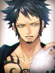  1boy black_coat black_hair chest_tattoo close-up coat commentary earrings facial_hair goatee hat holding holding_clothes holding_hat jewelry looking_to_the_side male_focus namagomi_(op_laaaaw_tan) one_piece short_hair sideburns simple_background solo spiked_hair tattoo trafalgar_law yellow_eyes 