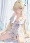  1girl barefoot blonde_hair blue_archive blue_eyes blue_halo blush breasts collarbone collared_shirt halo highres indoors large_breasts long_hair long_sleeves may9 navel one_eye_closed open_clothes open_shirt parted_lips shirt solo toki_(blue_archive) white_shirt 