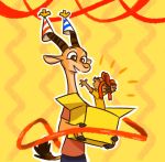 2020 antelope anthro banded_linsang bovid brown_body brown_eyes brown_fur cardboard_box chico_(fuel) clothing duo fur gazelle hat headgear headwear holding_object horn linsang mammal open_mouth open_smile party_hat simple_background smile standing theblueberrycarrots viverrid yellow_background 
