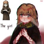  1girl artist_name brown_robe english_commentary fear_&amp;_hunger highres maijyreill medium_hair own_hands_together red_eyes red_hair robe scar sweat the_girl_(fear_&amp;_hunger) upper_body white_background 
