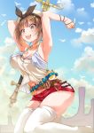  1girl armpits atelier_(series) atelier_ryza belt blue_belt blue_sky breasts bridal_legwear brown_belt brown_eyes brown_hair cleavage cloud flask gloves hair_ornament hairclip highres jewelry large_breasts leather leather_belt leather_gloves necklace open_mouth porurin red_shorts reisalin_stout round-bottom_flask short_hair short_shorts shorts sky sleeveless sleeveless_jacket staff star star_necklace thick_thighs thighs vial white_headwear white_legwear 
