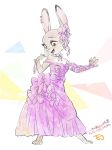  abstract_background anthro barefoot biped clothed clothing dipstick_ears disney dress female fully_clothed fur grey_body grey_fur hi_res judy_hopps lagomorph leporid mammal monmokamoko multicolored_ears open_mouth open_smile rabbit smile solo standing zootopia 