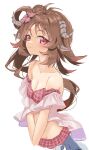  1girl animal_ears antenna_hair arknights arm_garter bare_shoulders bikini bikini_skirt blush breasts brown_hair cleavage closed_mouth eyjafjalla_(arknights) eyjafjalla_(summer_flower)_(arknights) flower hair_bun hair_flower hair_ornament hair_rings highres horns long_hair looking_at_viewer n4gare_b0shi pink_bikini red_eyes simple_background small_breasts smile solo swimsuit twitter_username upper_body v_arms white_background 