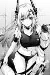  1girl absurdres arknights armband armpit_crease bare_shoulders breasts collar cowboy_shot double-parted_bangs greyscale hair_between_eyes hair_ornament highres horns infection_monitor_(arknights) jumpsuit large_breasts light_blush long_hair looking_at_viewer midriff monochrome mudrock_(arknights) mudrock_(elite_ii)_(arknights) navel oripathy_lesion_(arknights) panties parted_lips partially_undressed pointy_ears senju_yosiyuki skindentation solo sports_bra steaming_body sweat thighs underwear 