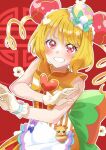  1girl apron back_bow blonde_hair bob_cut bow bowtie bun_cover china_dress chinese_clothes cure_yum-yum delicious_party_precure dress drill_hair fighting_stance gloves green_bow green_bowtie grin hair_bun hanamichi_ran huge_bow long_hair looking_at_viewer magical_girl mu-chu orange_dress outline precure red_background red_eyes short_hair sleeveless sleeveless_dress smile solo standing triple_bun waist_apron white_gloves white_outline 