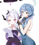  2girls absurdres ako_(blue_archive) ako_(dress)_(blue_archive) backless_dress backless_outfit black_hairband black_horns blue_archive blue_dress blue_eyes blue_hair blue_halo blush breasts closed_mouth collarbone dangle_earrings demon_horns dress earrings elbow_gloves gloves hairband halo highres hina_(blue_archive) hina_(dress)_(blue_archive) holding holding_paper horns jewelry large_breasts long_hair multiple_girls multiple_horns necklace nonoa official_alternate_costume paper parted_lips pendant purple_dress purple_eyes purple_gloves simple_background sleeveless sleeveless_dress smile strapless strapless_dress white_background white_hair 