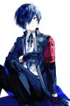  1boy absurdres black_gloves black_pants black_suit blue_eyes eyelashes gloves hair_over_one_eye highres lor_(roasyerizyonirapi) male_focus pants parted_lips persona persona_3 persona_3_reload shirt short_hair simple_background sitting solo suit white_background white_shirt yuuki_makoto 