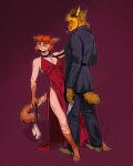 animal_humanoid anthro aren_(fentirsa9) big_breasts black_tie_(suit) blush breasts canid canine canis clothed clothing collar digital_media_(artwork) domestic_cat dominant dominant_male duo elegant_dress elegant_pose felid feline felis female fentirsa9 fentirsa_(fentirsa9) fur hair hi_res humanoid knife_play leash leash_pull male male/female mammal mammal_humanoid maned_wolf partially_clothed power_bottom purse simple_background smile suit tail