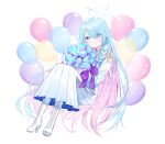  1girl absurdres balloon blue_archive blue_eyes blue_flower blue_hair blue_halo blush boots bouquet flower full_body general_student_council_president_(blue_archive) grin halo high_heel_boots high_heels highres holding holding_bouquet jacket knee_boots long_hair long_sleeves looking_at_viewer pleated_skirt shan_(ti0n) skirt smile solo white_footwear white_jacket white_skirt 