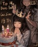  2girls absurdres birthday_cake black_eyes black_hair bow brown_sailor_collar cake candle commentary crown double_v english_commentary faceless faceless_female food grin highres multiple_girls original red_bow sailor_collar smile solipsist tilted_headwear v viewfinder wavy_hair 
