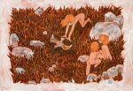  3girls all_fours bird blue_eyes chasing completely_nude full_body grass highres logo long_hair multiple_girls nude orange_background orange_hair orange_theme original painting_(medium) rock short_hair sitting traditional_media tsurikawa373 