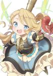  1girl :d bangs blonde_hair blue_eyes breastplate charlotta_fenia commentary crown dress excited eyebrows_behind_hair food foreshortening fork frilled_dress frills from_above full_body gauntlets gazacy_(dai) granblue_fantasy granblue_fantasy_versus highres holding holding_fork hot_dog incoming_food long_hair looking_at_viewer open_mouth petite puffy_short_sleeves puffy_sleeves raised_eyebrows short_sleeves smile solo star star-shaped_pupils symbol-shaped_pupils tako-san_wiener white_background 