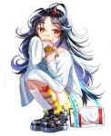  1girl bag bandaid bandaid_on_nose bangs bare_shoulders black_footwear black_hair blush boba c-ms_(girls_frontline) choker commentary eyebrows_visible_through_hair fish girls_frontline grey_legwear heart heart_print highres long_hair long_sleeves looking_at_viewer mismatched_legwear mouth_hold multicolored_hair off-shoulder_shirt off_shoulder polka_dot polka_dot_legwear red_eyes shirt shoes silver_hair simple_background sleeves_past_fingers sleeves_past_wrists solo squatting striped striped_legwear very_long_hair white_background white_shirt yellow_choker yellow_legwear 