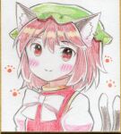  1girl animal_ear_fluff animal_ear_piercing animal_ears blush bow bowtie brown_hair cat_ears cat_tail chen closed_mouth commentary_request earrings ellipsis_(mitei) flat_chest green_headwear hair_between_eyes hat highres jewelry looking_at_viewer mob_cap multiple_tails nekomata paw_print paw_print_background puffy_sleeves red_eyes short_hair simple_background single_earring smile solo tail touhou traditional_media two_tails upper_body white_background white_bow white_bowtie 