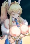  1girl absurdres animal_ears arm_under_breasts artoria_pendragon_(all) artoria_pendragon_(lancer) artoria_pendragon_(swimsuit_ruler)_(fate) bare_shoulders blonde_hair blue_legwear blue_neckwear blush braid breast_hold breasts breasts_outside bunny_ears bunnysuit commentary_request cum cum_on_body cum_on_breasts cum_on_upper_body detached_collar facial fate/grand_order fate_(series) green_eyes hair_between_eyes highres large_breasts leotard looking_down mochirong necktie nipples no_bra pantyhose parted_lips ponytail solo tiara white_leotard 