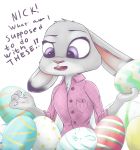  ! 2016 ?! anthro dialogue dipstick_ears disney easter_egg english_text fur grey_body grey_fur holding_object impracticalart judy_hopps lagomorph leporid mammal multicolored_ears open_mouth purple_eyes rabbit simple_background solo text white_background zootopia 
