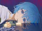  1girl afloat blue_background blue_eyes blue_hair cape chinese_commentary collared_cape commentary_request different_reflection flower hair_ornament highres lao_yali looking_at_viewer mahou_shoujo_madoka_magica mahou_shoujo_madoka_magica_(anime) miki_sayaka musical_note musical_note_hair_ornament portrait reflection reflective_water rose sad_smile short_hair sideways single_tear smile solo tulip water white_cape yellow_flower yellow_rose yellow_tulip 
